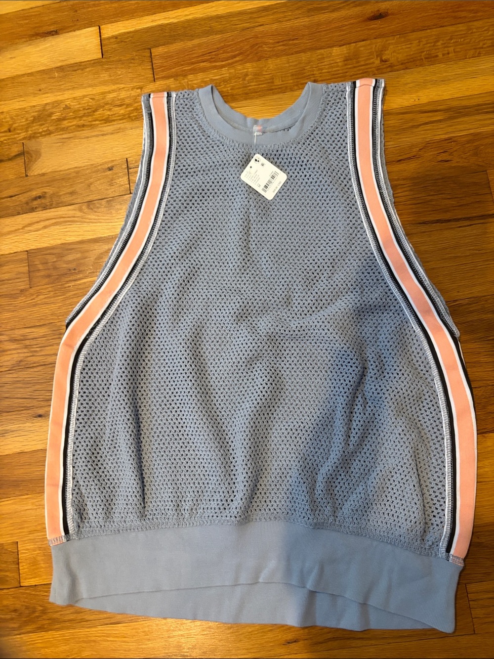 Free People Light Blue Mesh Muscle Tank with Pink Side Stripes